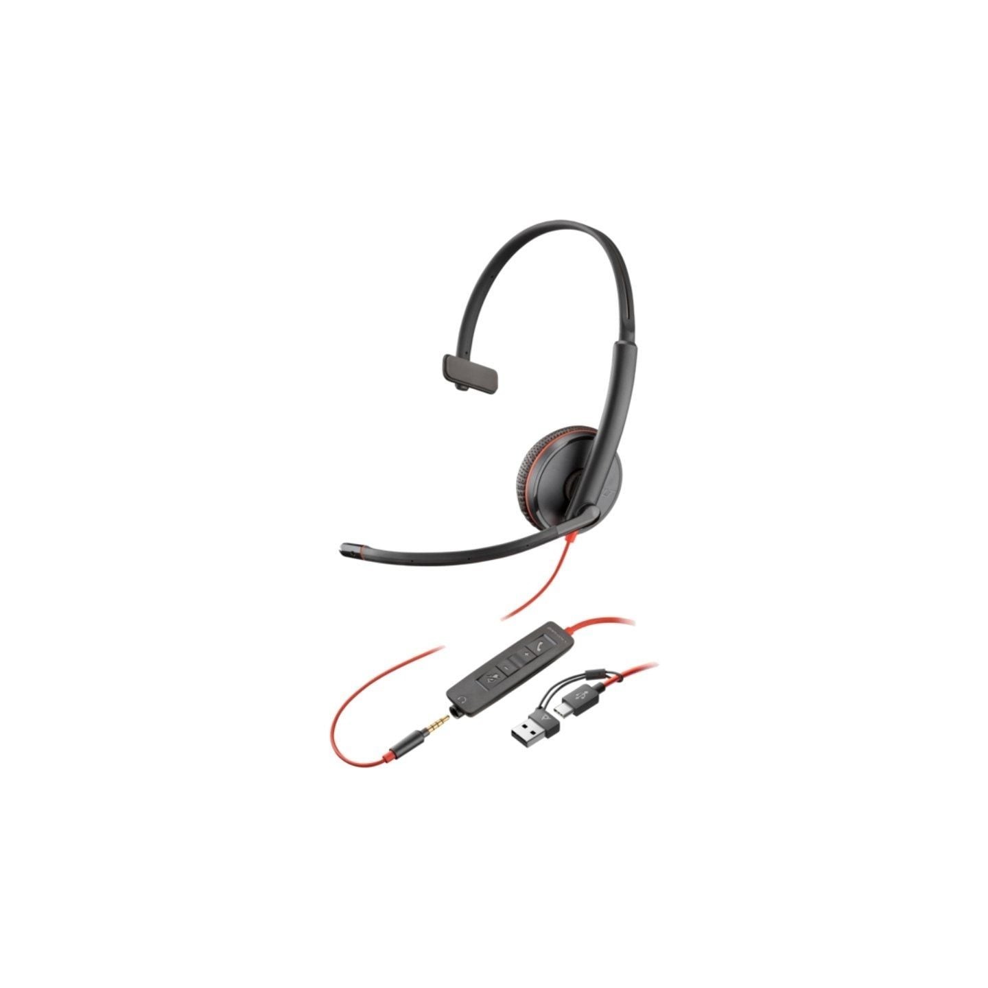 Auricular poly blackwire 3215 + 3.5mm + adaptador usb-c/a/ con micrófono/ jack 3.5 - usb tipo-c/ bulk/ negro