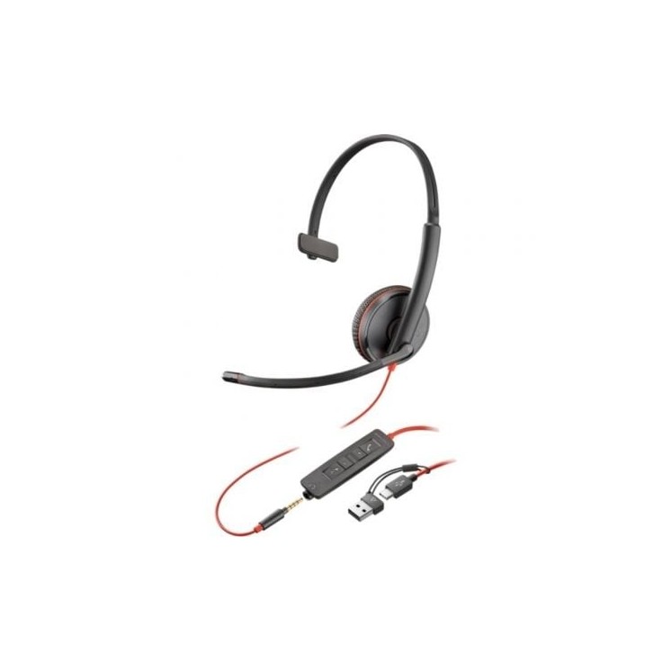 Auricular poly blackwire 3215 + 3.5mm + adaptador usb-c/a/ con micrófono/ jack 3.5 - usb tipo-c/ bulk/ negro